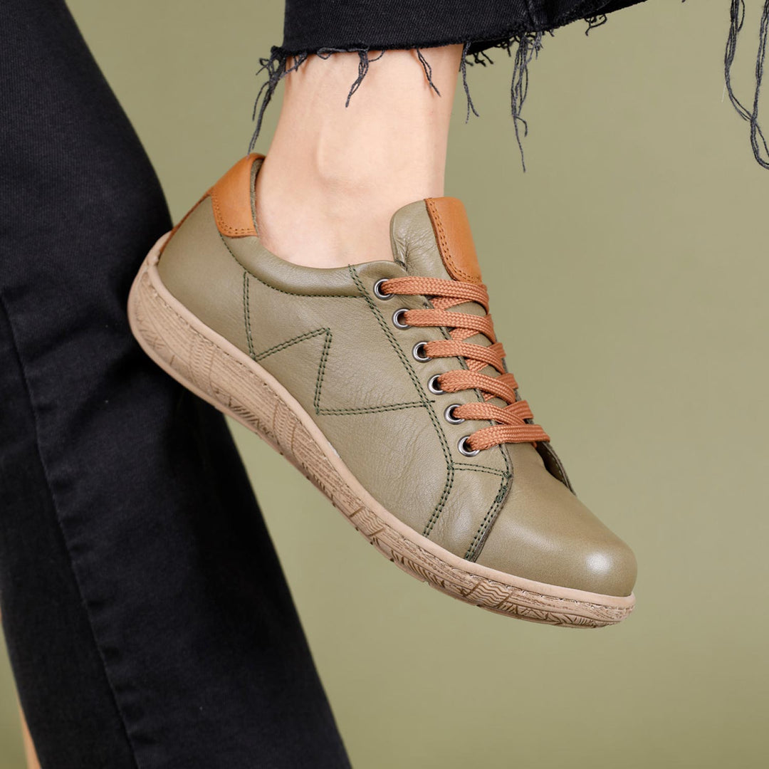 Dobran Women's Genuine Leather Green Tan Shoes
