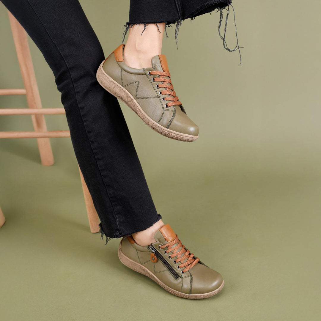 Dobran Women's Genuine Leather Green Tan Shoes