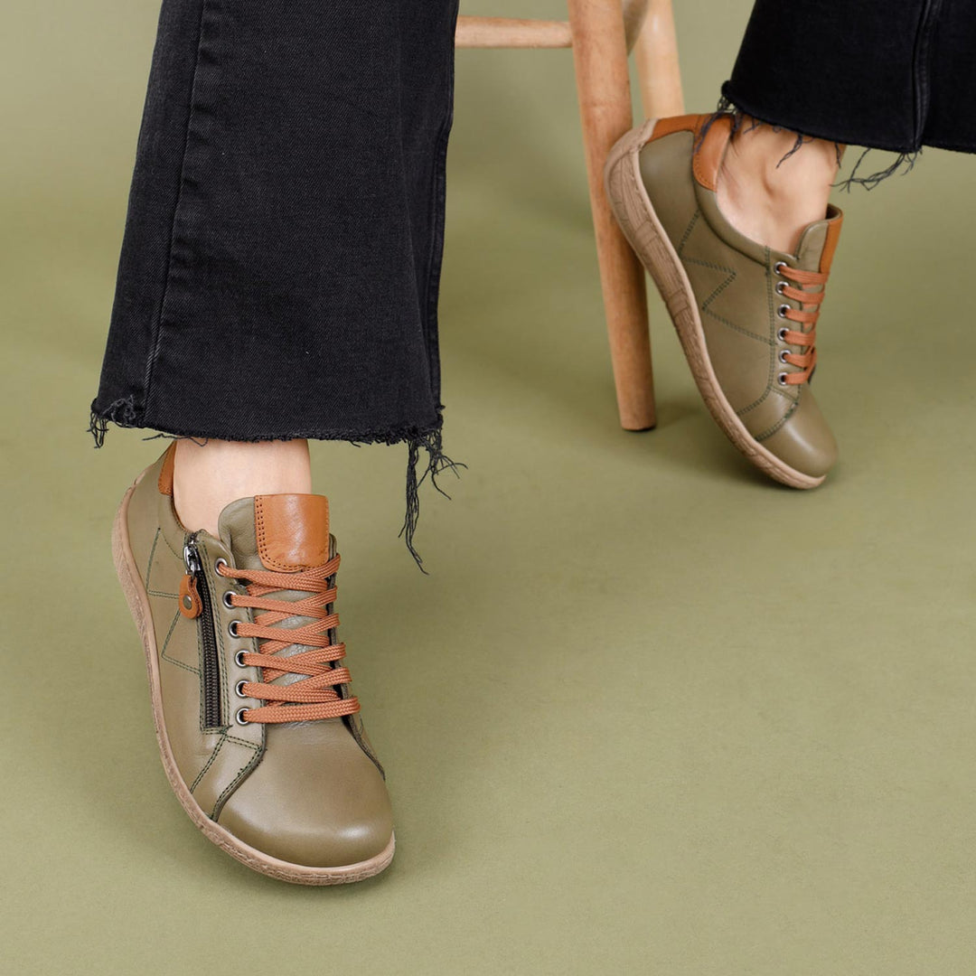 Dobran Women's Genuine Leather Green Tan Shoes