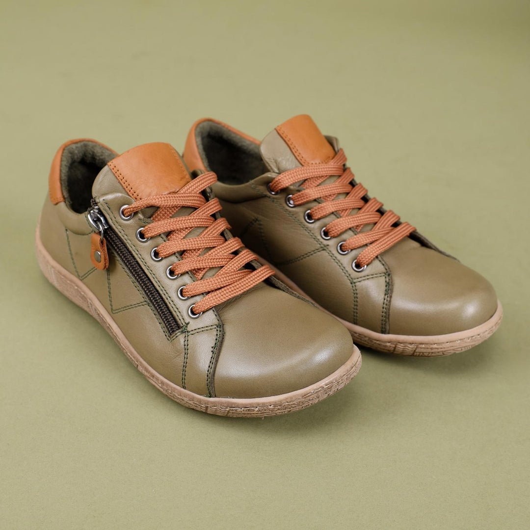 Dobran Women's Genuine Leather Green Tan Shoes