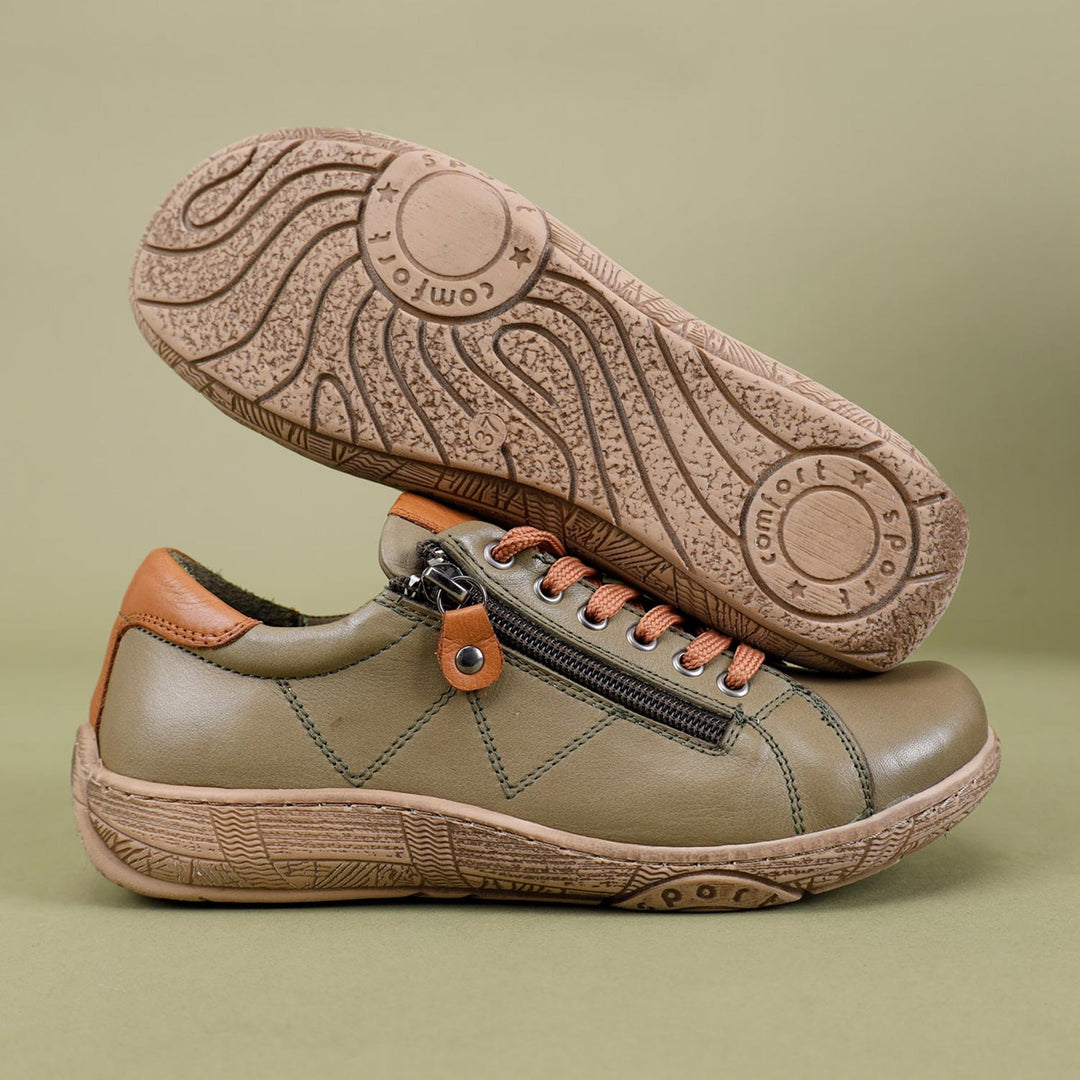 Dobran Women's Genuine Leather Green Tan Shoes