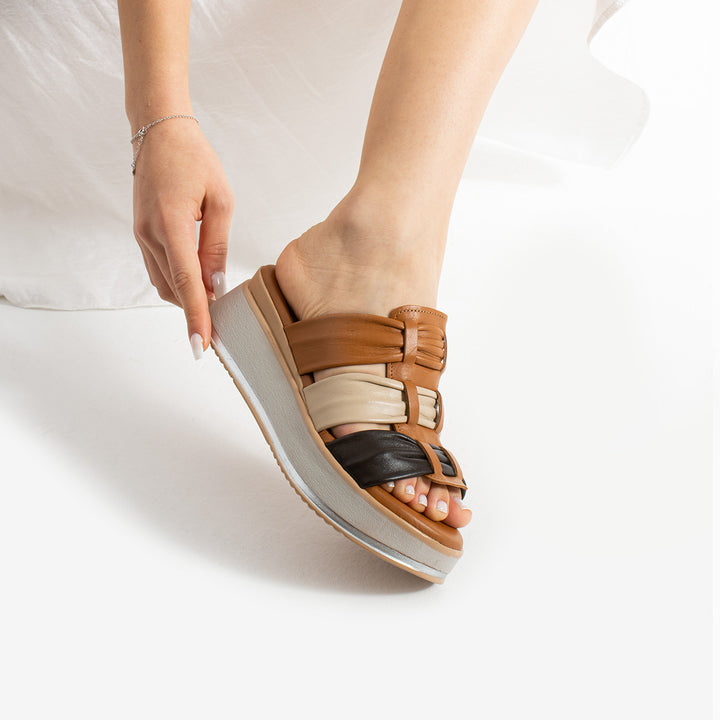 Lemy Women's Genuine Leather Beige Brown Slippers