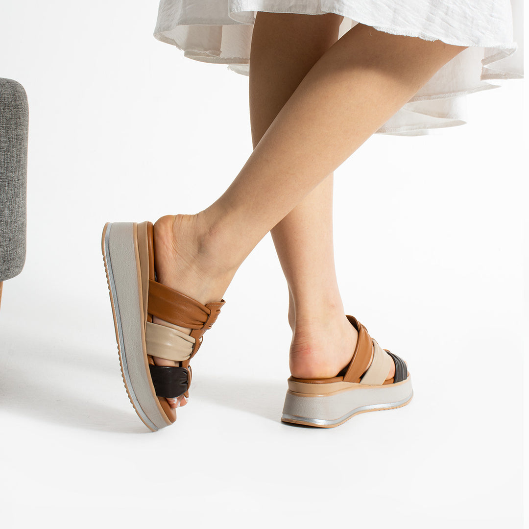 Lemy Women's Genuine Leather Beige Brown Slippers