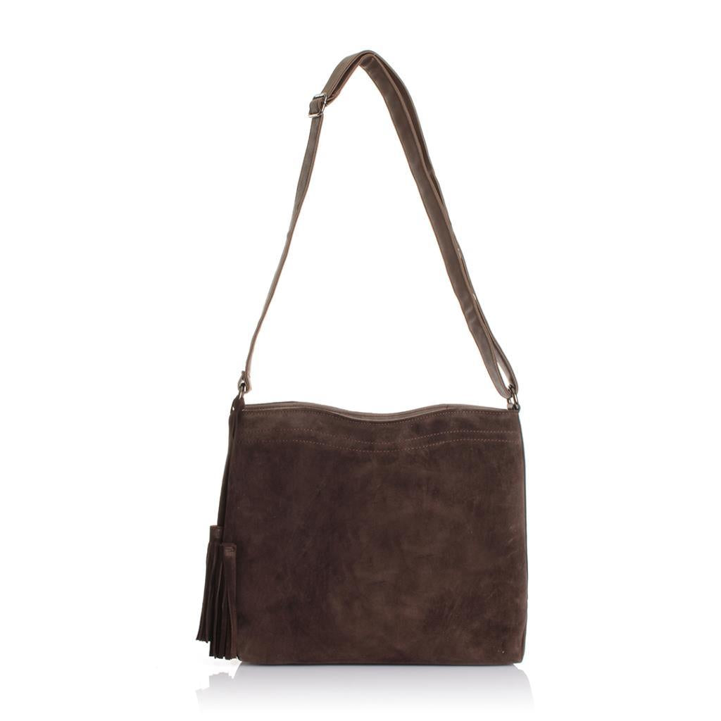 Solva Genuine Leather Suede Crossbody Bag with Tassel Detail
