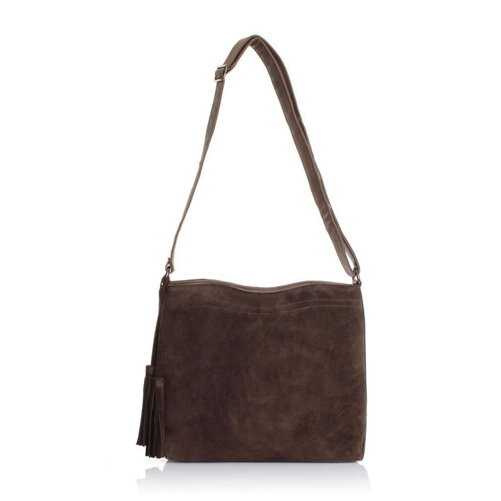 Solva Genuine Leather Suede Crossbody Bag with Tassel Detail