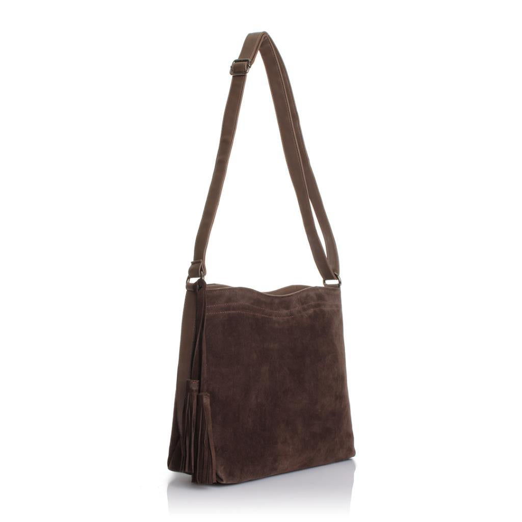 Solva Genuine Leather Suede Crossbody Bag with Tassel Detail
