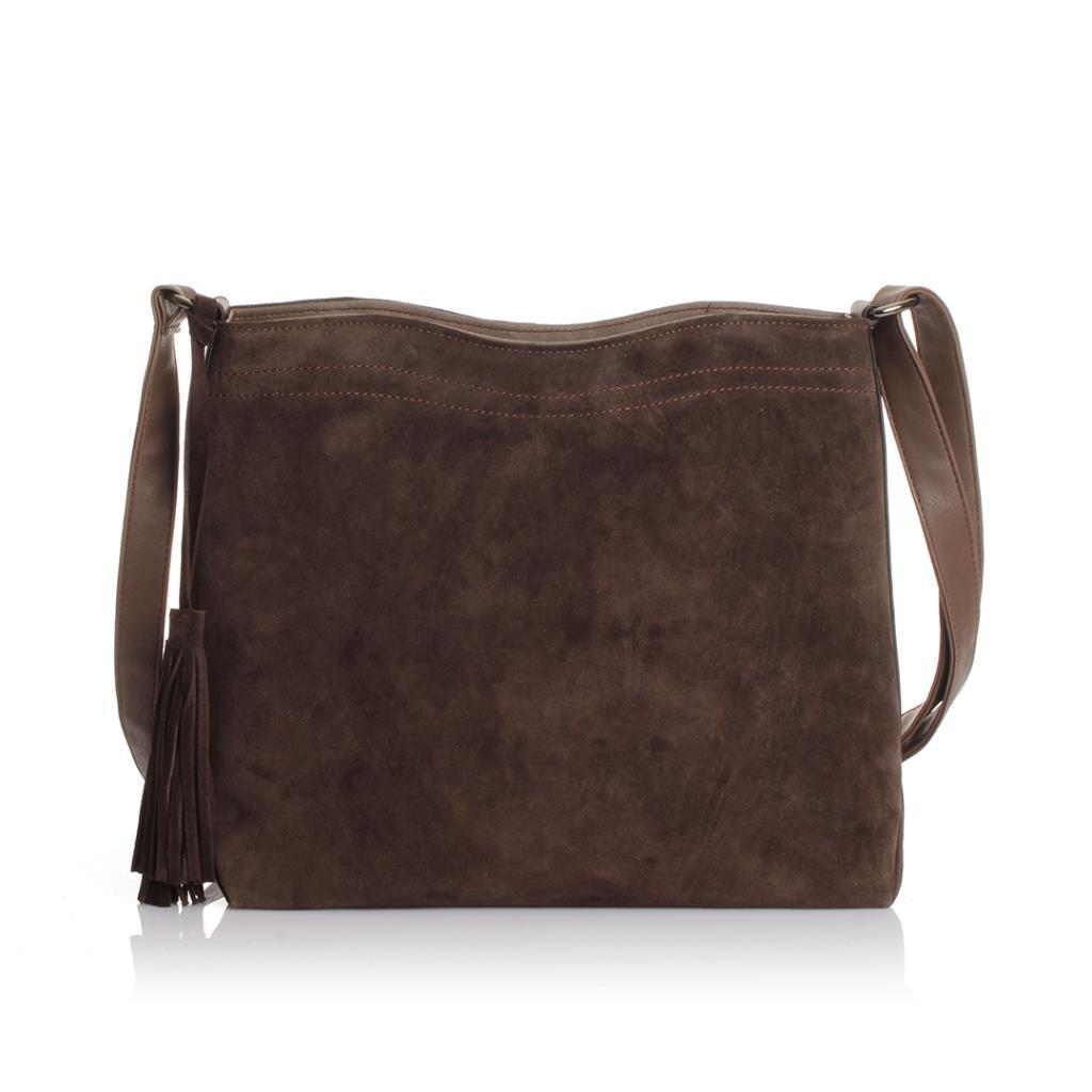Solva Genuine Leather Suede Crossbody Bag with Tassel Detail