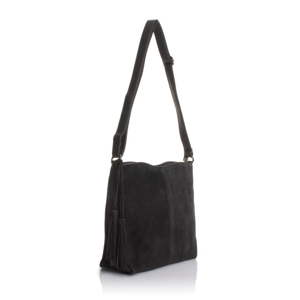 Solva Genuine Leather Suede Crossbody Bag with Tassel Detail