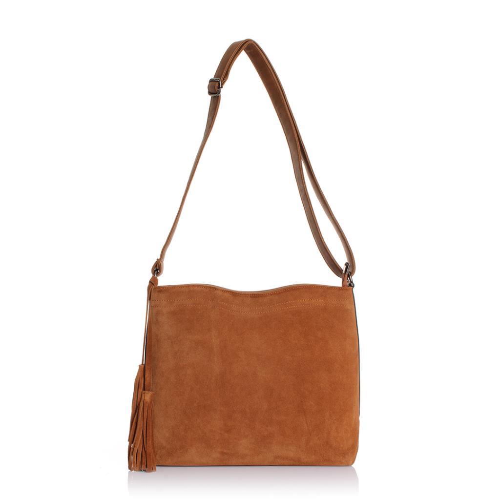Solva Genuine Leather Suede Crossbody Bag with Tassel Detail