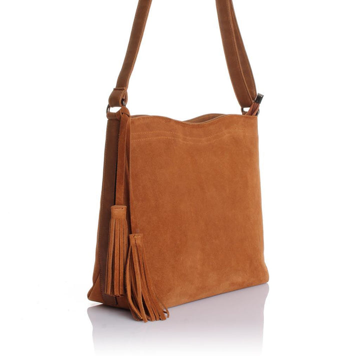 Solva Genuine Leather Suede Crossbody Bag with Tassel Detail