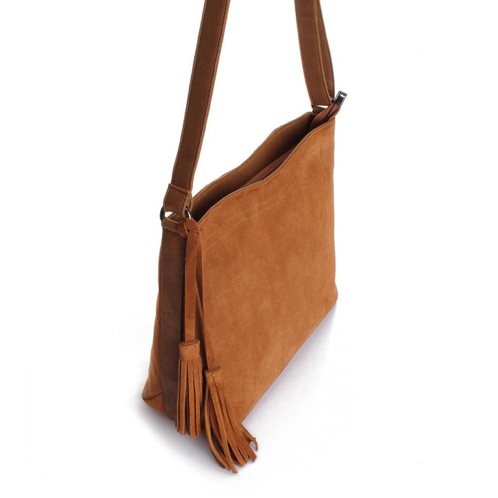 Solva Genuine Leather Suede Crossbody Bag with Tassel Detail